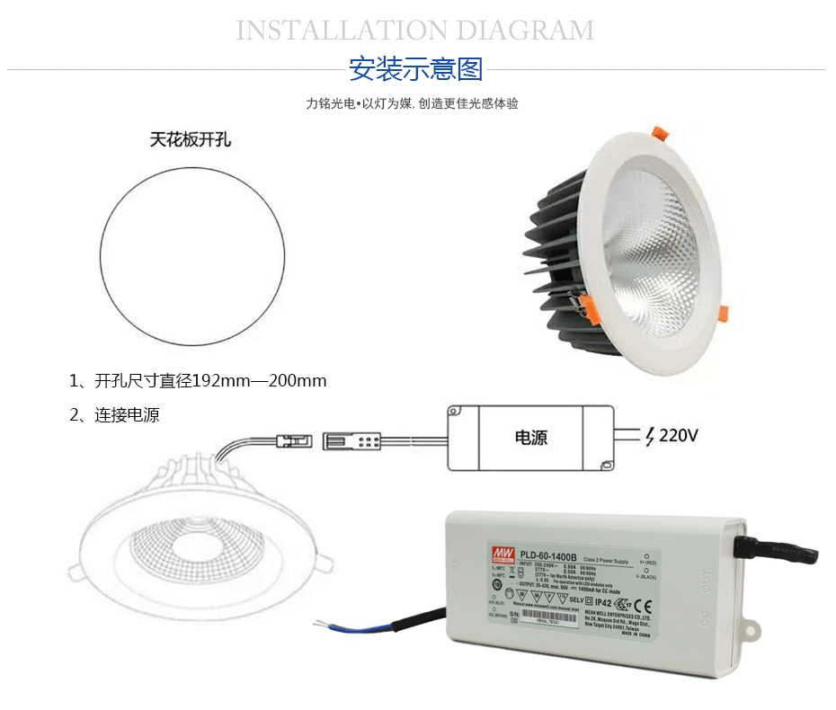 大功率LED筒灯安装示意图